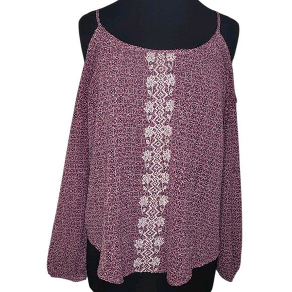 Rewind Floral Cold Shoulder Top L Boho Pink Purple Embroidered Blouse GUC - Picture 2 of 7